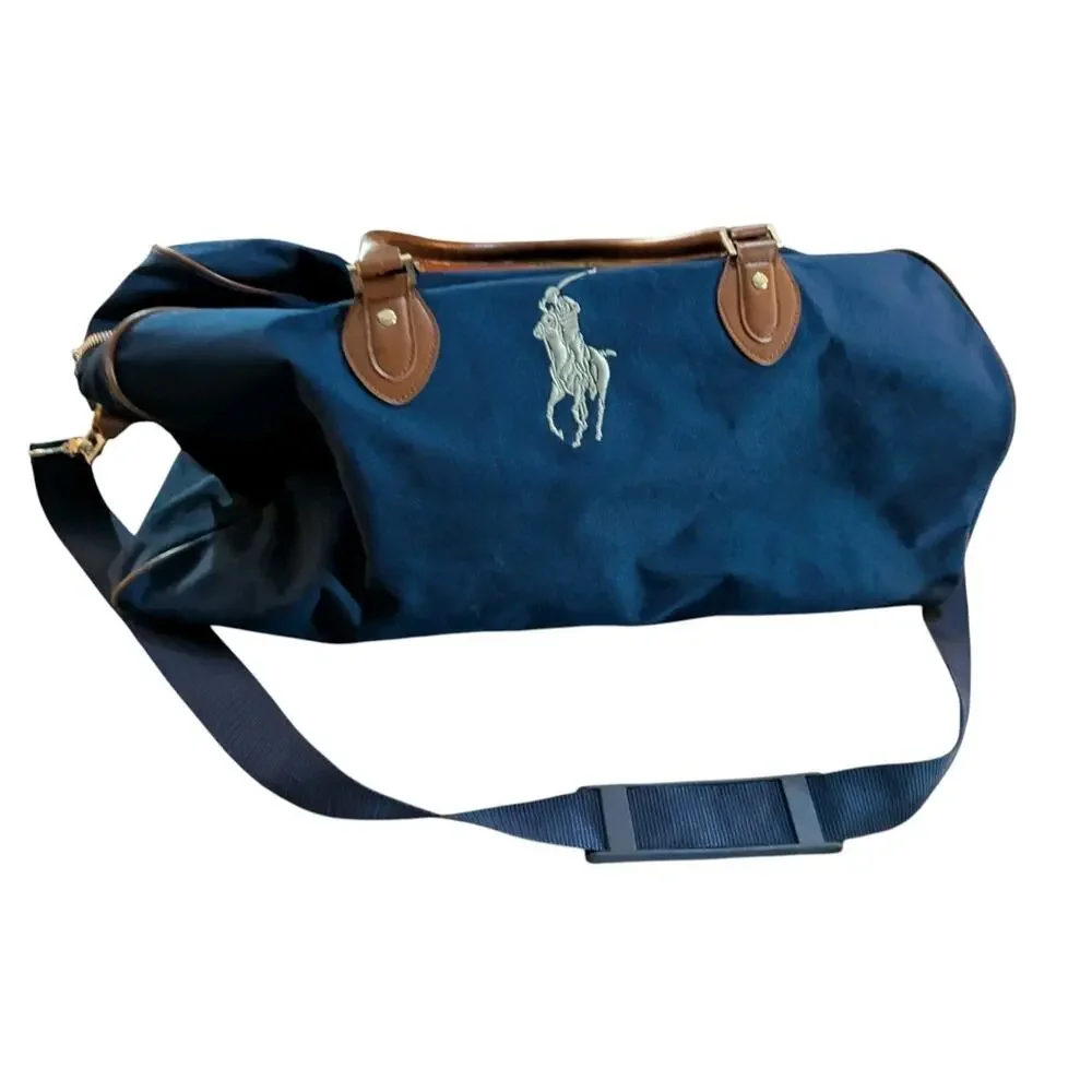 Vtg Polo Ralph Lauren Big Pony Canvas Overnight Weekender Duffle Bag Blue Brown